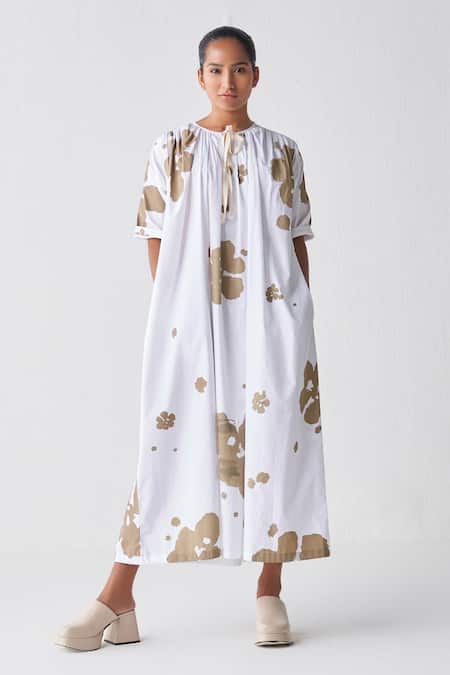 Three White Poplin Embroidery Round Neck Gathered Printed Dress
