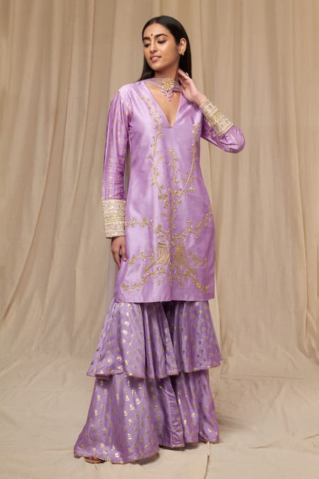 Masaba Purple Raw Silk Embroidered Wallflower Foil Print Kurta Gharara Set 