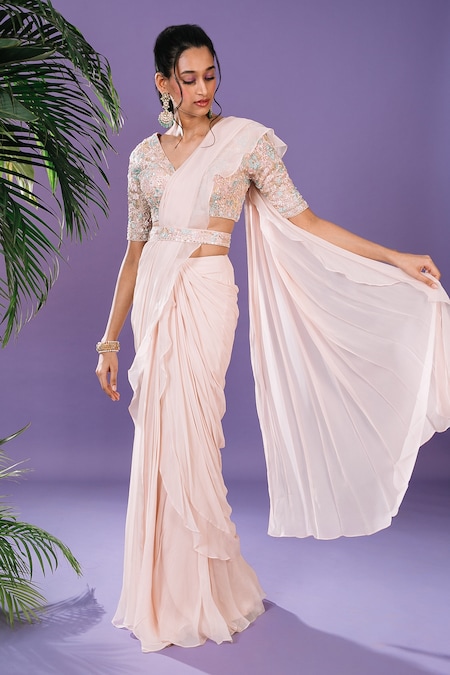 Aman Takyar | Light Beige Pre-Draped Ruffle Saree Set | INDIASPOPUP.COM