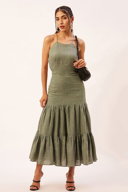 Zariya the Label Green Cotton Woven Textured Halter Neck Tiered Dress 