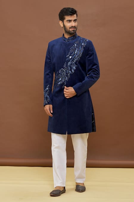 Buy Blue Sherwani Suede Embroidered Sequin And Cutdana Work Set For Men ...