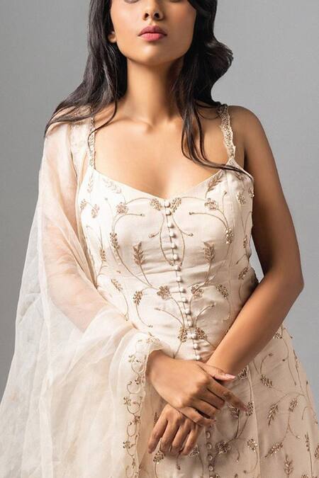 Pleats By Kaksha And Dimple_White Kasturi Crepe V Neck Embellished Kurta Set_Online_at_Aza_Fashions