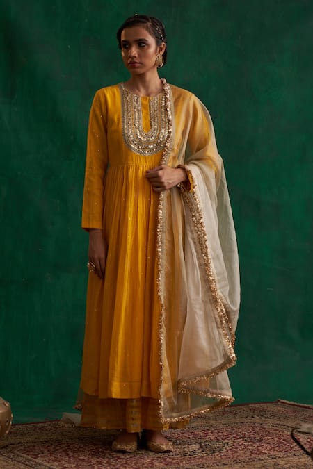 Rekha Agra Yellow Chanderi Embroidered Mukaish Round Anarkali Palazzo Set 