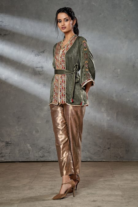 Aditi Somani Green Silk Suede Hand Embroidered Geometric Kimono Jacket 
