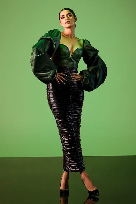 Sameer Madan Black Leather Ruched Pencil Skirt