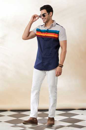 Shop_Seven_Blue Cotton Satin Spectrum One Shirt_Online_at_Aza_Fashions