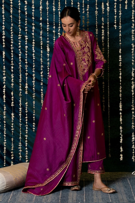 Maison Shefali Purple Kurta Chanderi Silk Hand Embroidery Zardozi Ratti Set 