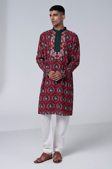 Siddhartha Bansal Maroon Cotton Dobby Stripe Embroidery Royal Chintz Pattern Kurta Set  