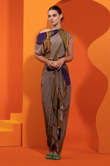 Nautanky Abstract Geometric Print Draped Top & Skirt Set 