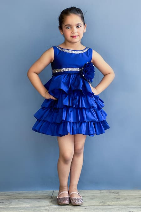 Pinkcow designs pvt ltd Blue Taffeta, Crepe Glitter, Embroidery Ruffle Layered Dress 