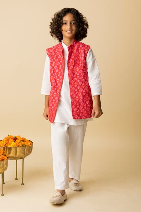 Buy Red Silk Chanderi Printed Patola Nehru Jacket And Kurta Set For Boys by Mini Trails Online at Aza Fashions