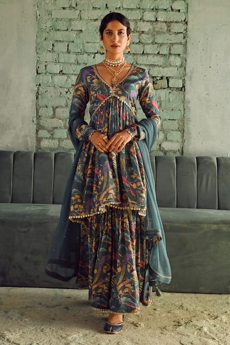 KARAJ JAIPUR Botanical Print Flared Kurta Sharara Set 