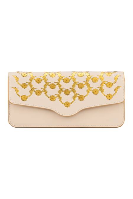 Aranyani White Glided Champa Flower Gold Pattern The Trails Clutch Online at Aza Fashions Aranyani_White Glided Champa Flower Gold Pattern The Trails Clutch_Online_at_Aza_Fashions
