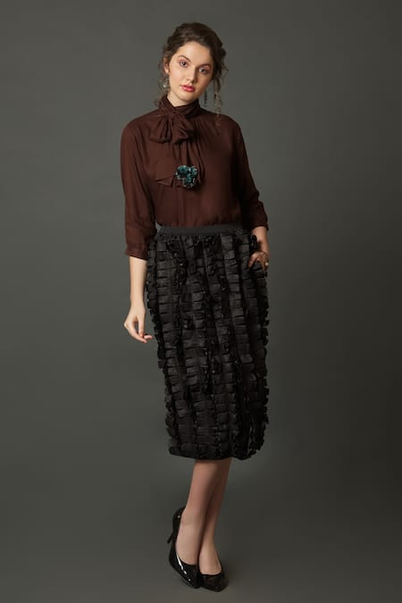 House Of Behram Black Crepe Ruffles Detail Midi Skirt 