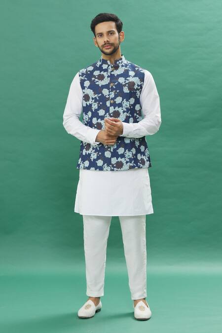 Buy Blue Denim Printed Floral Bundi Kurta Set For Men by Spring Break  Online at Aza Fashions.