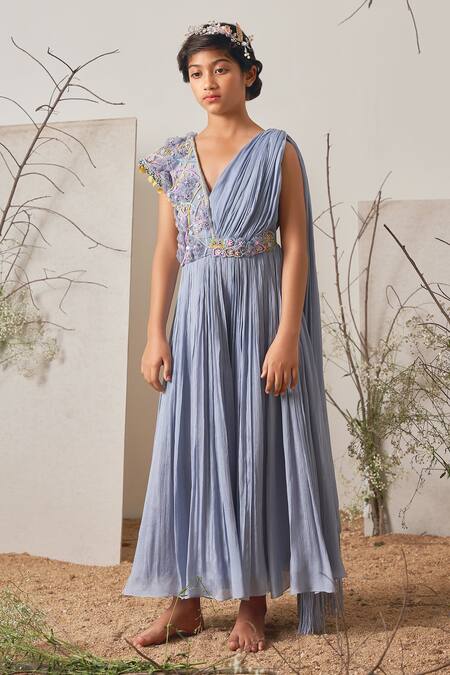 Merge Design_Blue Chiffon, Crepe Embroidery Hand Gown _Online_at_Aza_Fashions