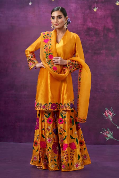 Label Niti Bothra Floral Applique Kurta Sharara Set 