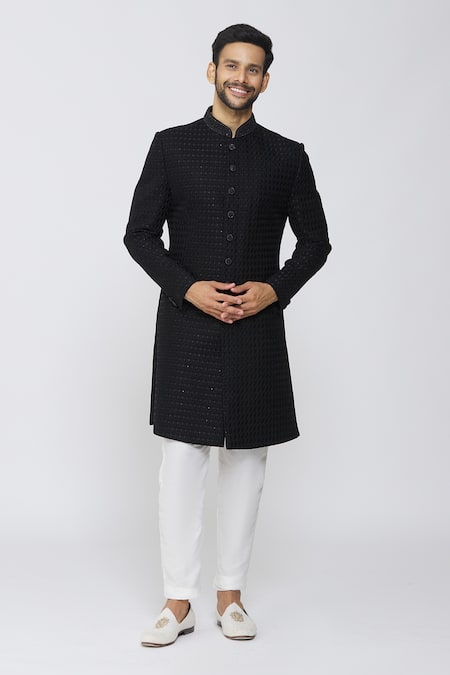 Arihant Rai Sinha Black Velvet, Polyester Embroidery Sherwani Set 