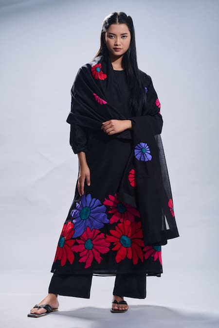 Taika By Poonam Bhagat Black Chanderi Embroidered Floral Round A-line Tunic Set 