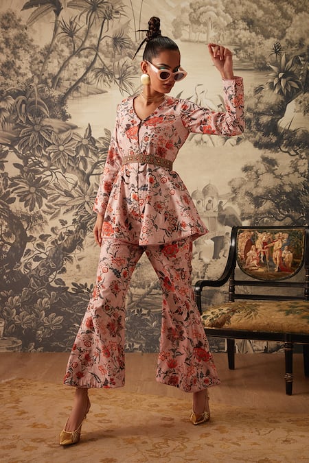 Kalista Pink Viscose Silk Printed Chintz V Neck Cynthia Pattern Top And Pant Set 