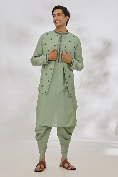 Manish Nagdeo Green Modal Embroidery Diamond Pattern Bundi And Kurta Set