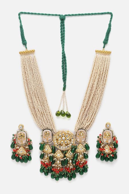 Dugran By Dugristyle Green Kundan Pearl Layered Pendant Necklace Set 