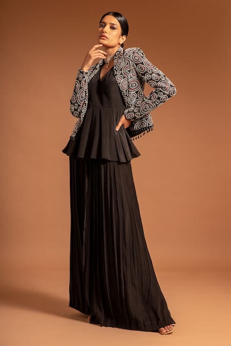 Sejal Kamdar Black Pure Satin Crepe Print Ajrak Shawl Jacket And Pleated Pant Set  