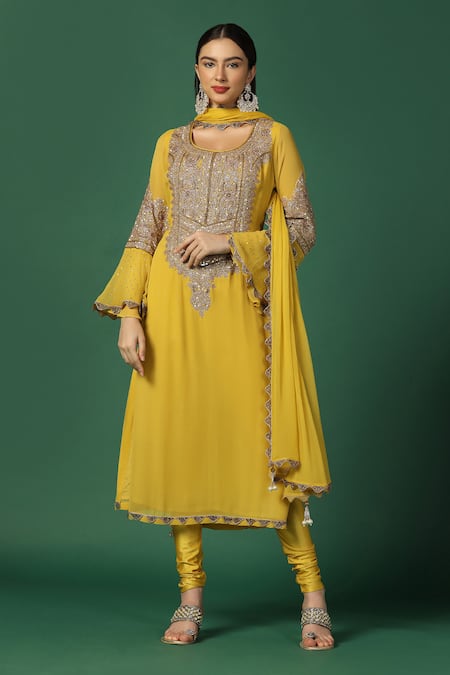Two Sisters By Gyans Yellow Kurta And Dupatta Georgette Embroidery Aari Work Round Yoke Set 