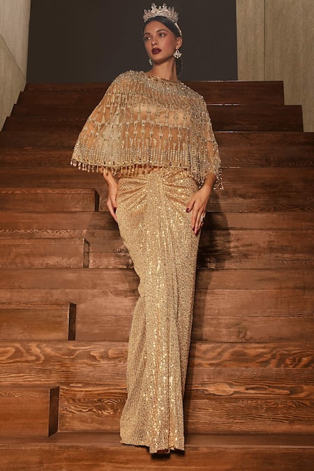 Cherie D Gold Tulle Silk Embroidery Sequin Monarch Cape And Draped Skirt Set 