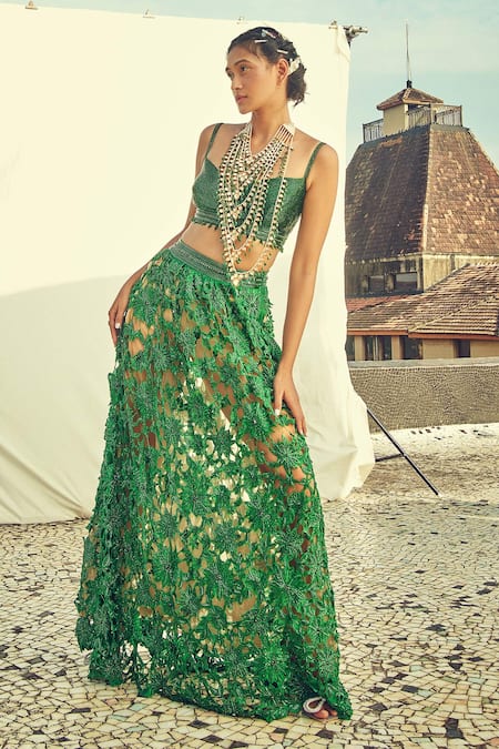 Surily G Green Embroidered Floral Cutwork Skirt  