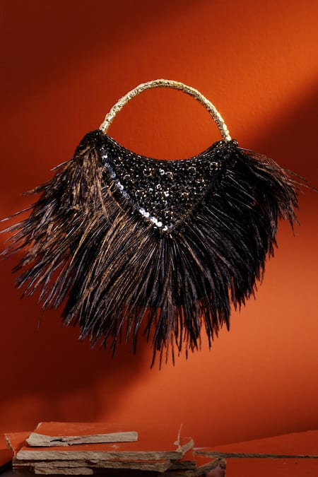 Shop Be Chic Black Crystals, Feathers Fiery Half Crescent Shaped Clutch at Aza Fashions Shop_Be Chic_Black Crystals, Feathers Fiery Half Crescent Shaped Clutch _at_Aza_Fashions