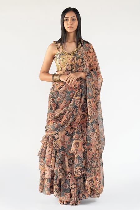 Nikita Vishakha Multi Color Printed Silk And Embroidery Pre-draped Skirt Saree With Blouse