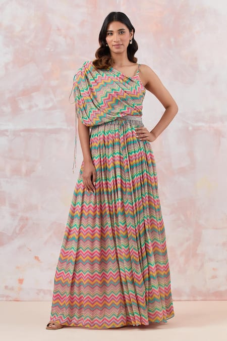 Basanti - Kapde Aur Koffee Printed Draped Gown With Belt 