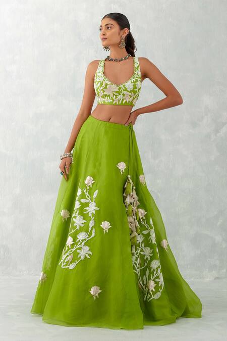 Devnaagri_Green Silk Organza Embroidery, Tassels, Cut Work Floral Pattern Lehenga Set _at_Aza_Fashions