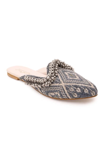 5Elements Grey Thread Work 3d Ghungroo Embellished Mules 