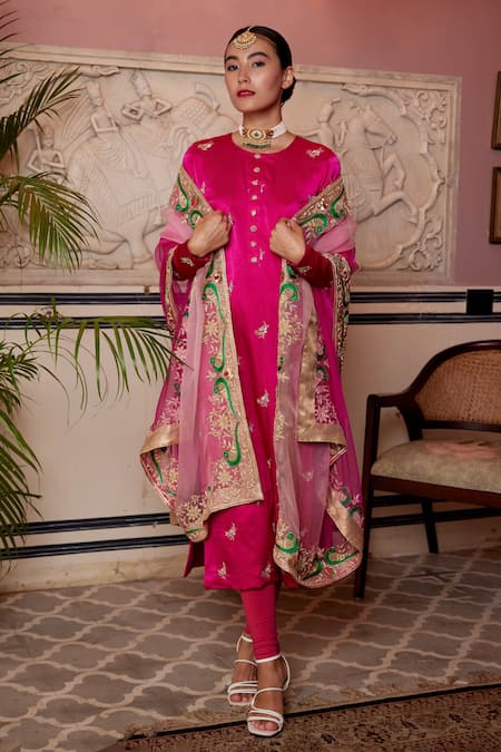 Atelier Shikaarbagh Pink Kurta Silk Satin Embroidery Floral Round Churidar Set  