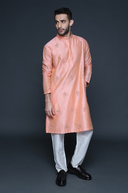 Sanjev Marwaaha Peach Cotton Silk Hand Embroidery Motif Kurta And Pant Set 