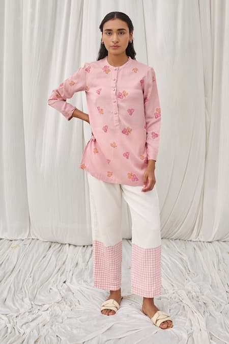 Ayaka Pink Cotton Round Neck Leaf Print Top 