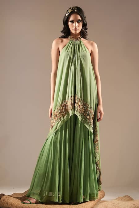 Nikita Mhaisalkar Green Kurta Pure Chiffon Embellished Asymmetric And Sharara Set 