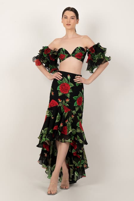 SANAM Black Silk Chiffon Floral One Shoulder Rosamund Pattern Top And Skirt Set