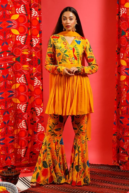 Buy Label Shristi Chetani Yellow Floral Print Kurta Sharara Set at Aza Fashions Buy_Label Shristi Chetani_Yellow Floral Print Kurta Sharara Set_at_Aza_Fashions