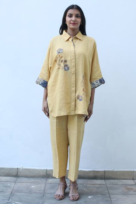 Linen Bloom_Yellow Linen Metallic Thread Collared Floral Embroidered Shirt _Online_at_Aza_Fashions