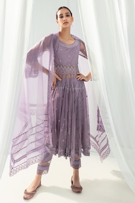 Buy Purple Kurta Soft Net Embroidery Thread Boat Neck Clara