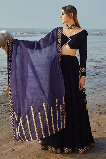 Monk & Mei Velvet Embroidered Lehenga Set 