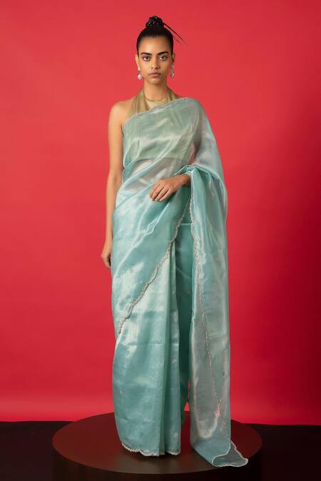 Buy Ekaya Banaras Blue Tissue Embroidery Halter Neck Handwoven Saree at Aza Fashions Buy_Ekaya Banaras_Blue Tissue Embroidery Halter Neck Handwoven Saree_at_Aza_Fashions