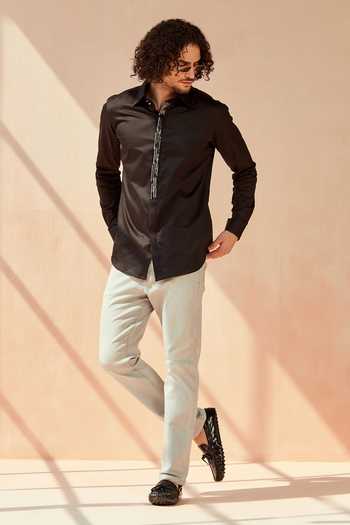 Buy Seven Black Cotton Satin Metal Shine Onn Embroidered Placket Shirt at Aza Fashions Buy_Seven_Black Cotton Satin Metal Shine Onn Embroidered Placket Shirt_at_Aza_Fashions
