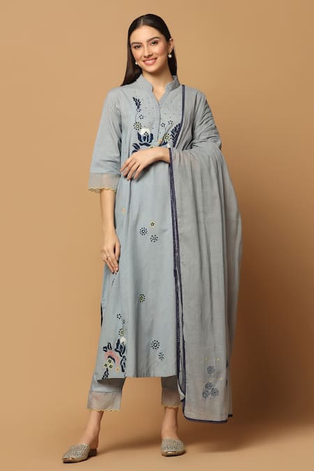 Ikha Couture Grey Kurta And Pant - Linen Cotton Embroidered Resham Floral Patterns Work Set 