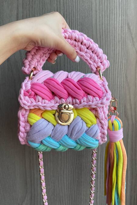 Shop Bijit Multi Color Tassels Square Braided Texture Sling Bag at Aza Fashions Shop_Bijit_Multi Color Tassels Square Braided Texture Sling Bag_at_Aza_Fashions