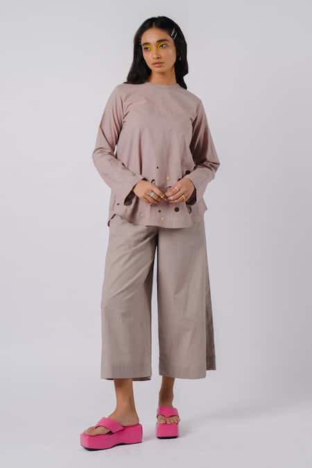 Tussah By Siddhi Shah Grey Cotton Cut Work Round Neck Placed Pattern Tunic With Pant 
