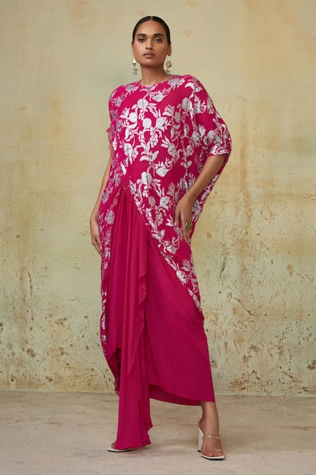 Style Junkiie Pink Georgette High Low Draped Skirt 